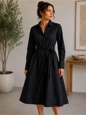 Classic Black Button-Front Shirt Dress with Waist Tie